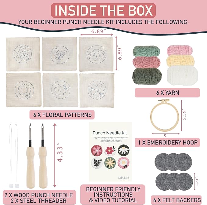 Emri Lane Punch Needle Kit – 6 Floral Design Punch Needle Embroidery Kit w/Monk - Image 4