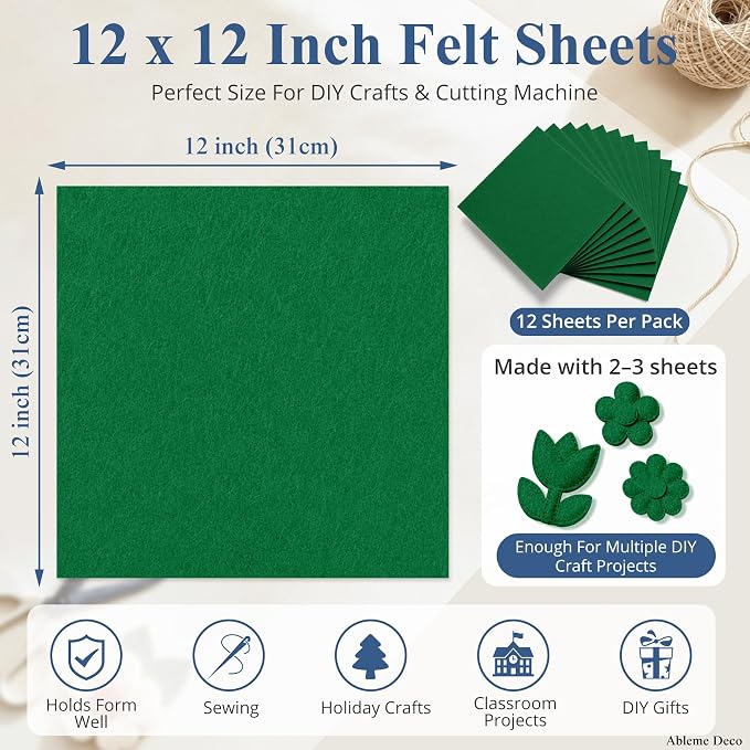 12"x12" Felt Sheets for Crafts, 2mm Stiff Felt Fabric Kelly Green | 2mm Thick - Image 3