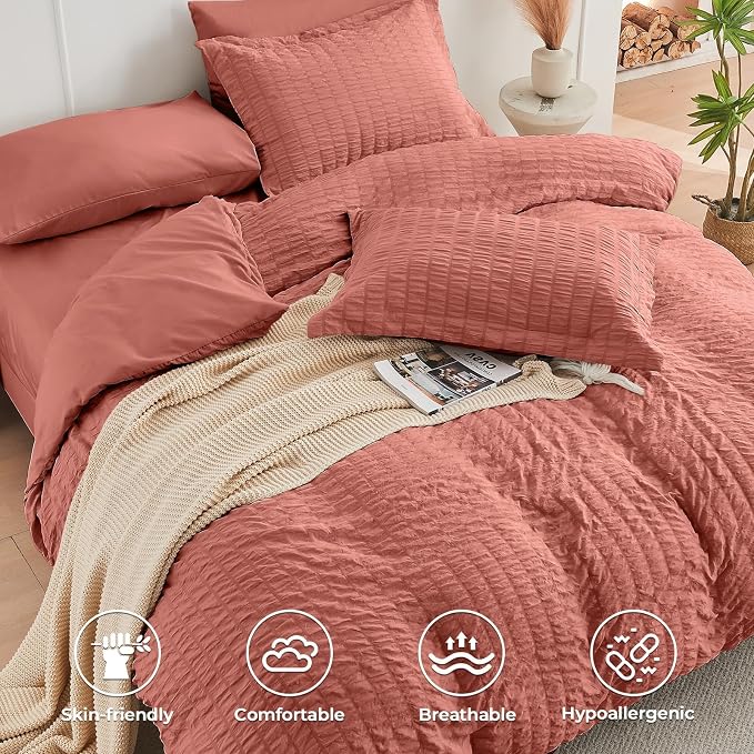 HYMOKEGE Coral California King Comforter Set Seersucker 7 Pieces, All Season - Image 3