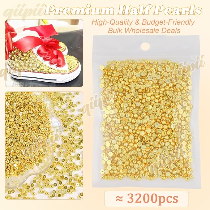 qiipii 3200PCS 4mm Small Shiny Gold Round Half Round Pearls - Image 2