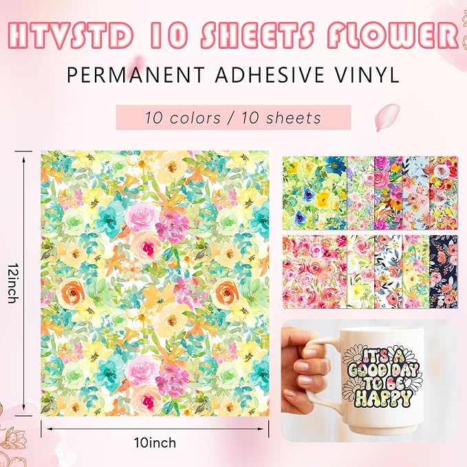 Flower Patterned Permanent Adhesive Vinyl 10 Sheets 12'' x 10'' | Watercolor - Image 2