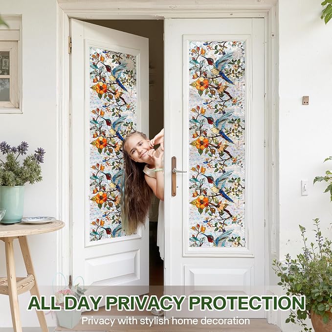 Stained Glass Window Film UV Resistant Window Privacy Film Hummingbird Floral - Image 3