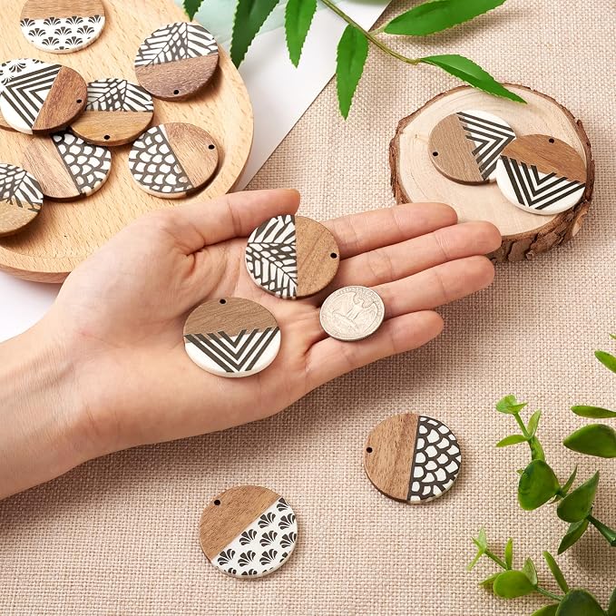 FASHEWELRY 16Pcs Flat Round Wood Resin Earrings Charms 35mm Round Wooden - Image 6