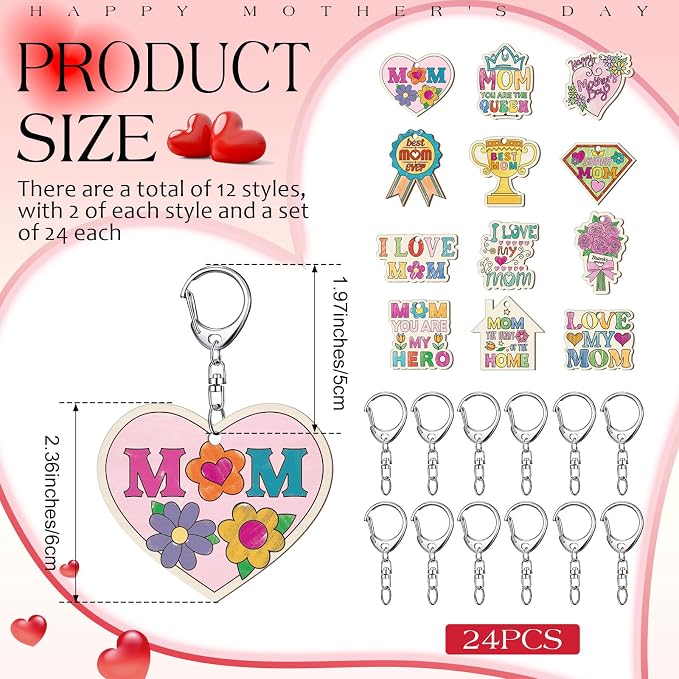 RattanView 24 Pcs Mom Craft Color Your Own Keychains Diy Craft Wooden Blank - Image 2
