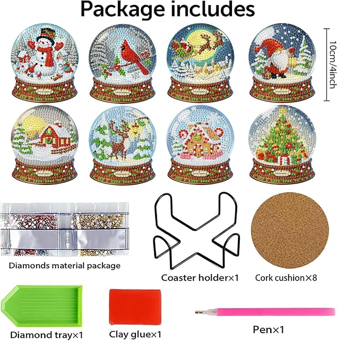 8 PCS Christmas Diamond Art Coasters Kits Snowball Diamond Painting Coaster | - Image 2