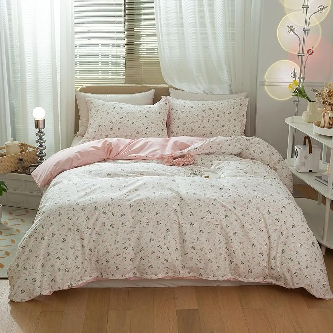 mixinni Cotton Floral Duvet Cover Twin Girl Pink Flower Teenage Girls Duvet - Image 2