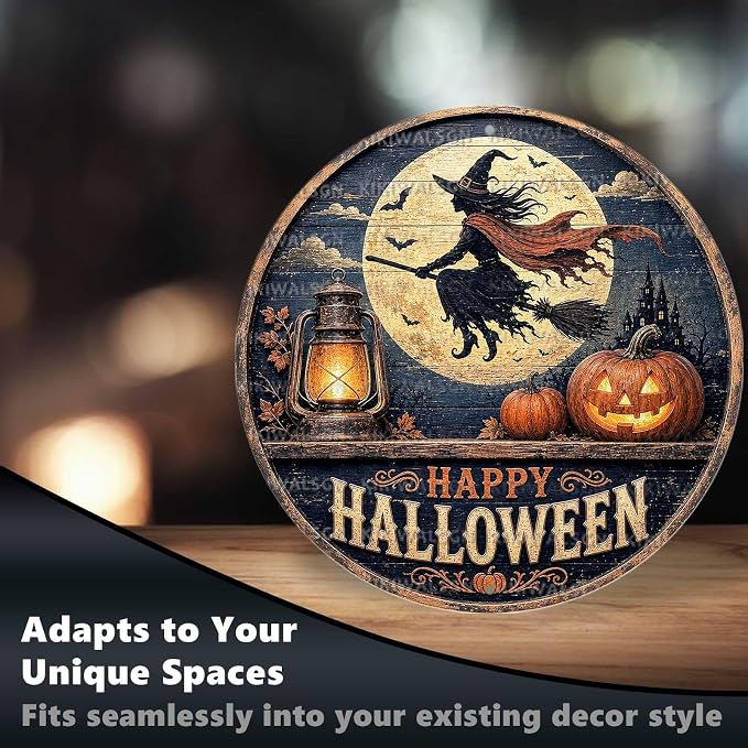 Flying Witch Halloween Metal Tin Sign Round Wall Decor Full Moon Haunted House - Image 6