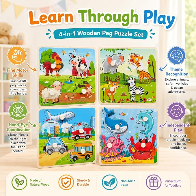 Wooden Peg Puzzle Set for Toddlers, 4 Pack Animal Vehicle Ocean Farm Puzzles - Image 5