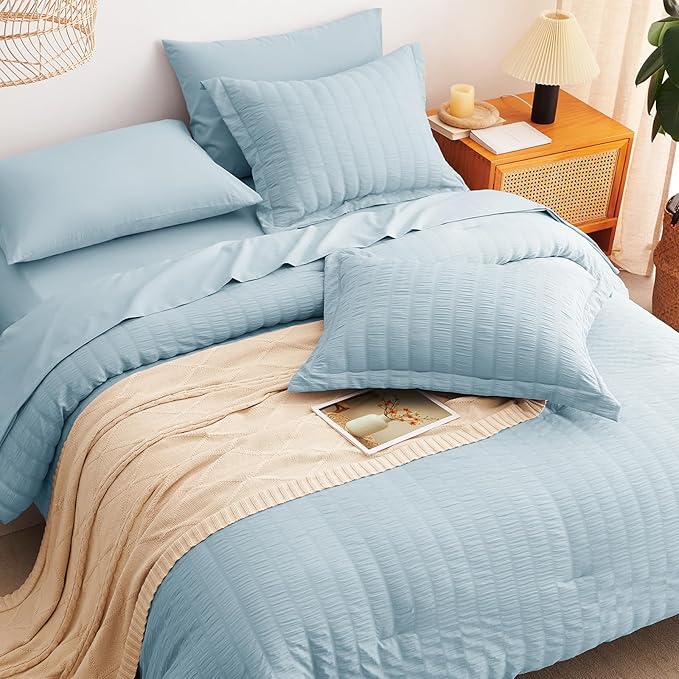 CozyLux Oversized King Comforter Set Light Blue Seersucker 7 Pieces 120x98 Bed - Image 6