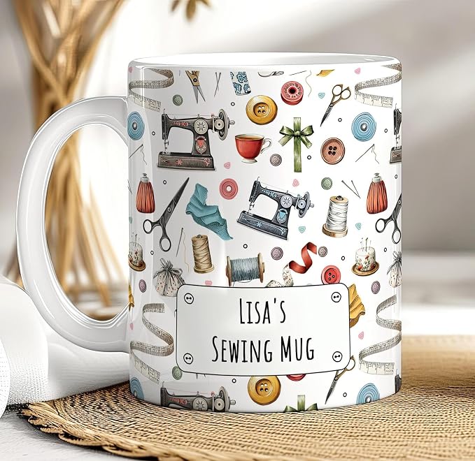 Personalized Sewing Mug with Name, Custom Seamstress Coffee Cup, Vintage Sewing by Custom