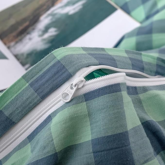 mixinni Green Gingham Grid Duvet Cover Queen, 100% Washed Cotton Modern - Image 7