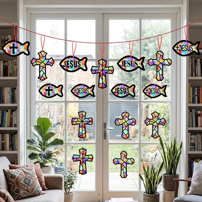 48PCS Sunday School VBS Crafts Bulk: Paper Cross Fish Nativity Suncatchers - Image 8
