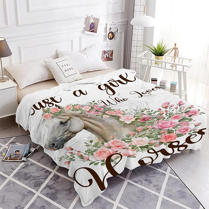 Just A Girl Who Loves Horses Throw Blanket for Women Men Flowers Animals Blanket Gifts for Adults Cute Horse Lightweight Blanket 60X80 Inches for Bed All Season