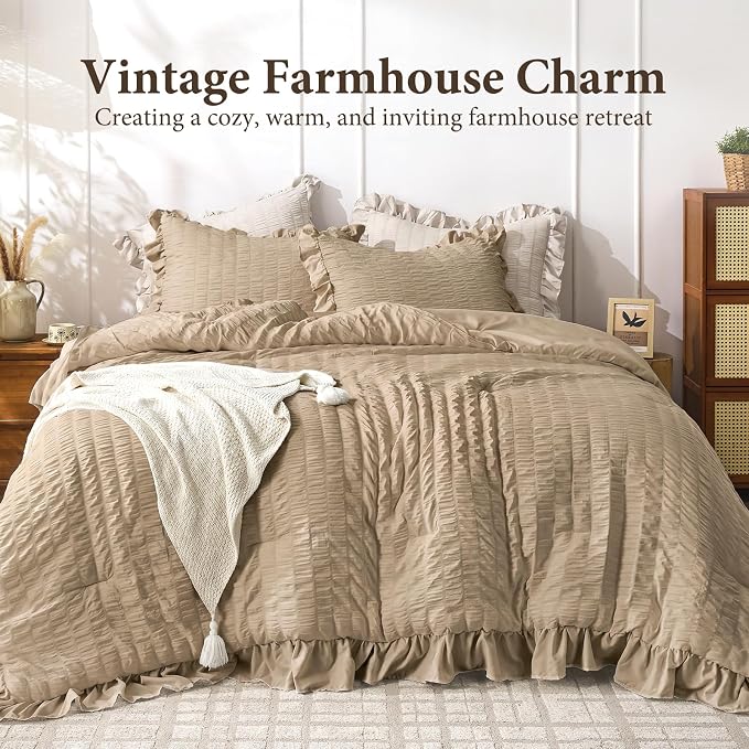 JOLLYVOGUE Queen Comforter Set, 3 Pieces Khaki Seersucker Comforters Queen Size - Image 2