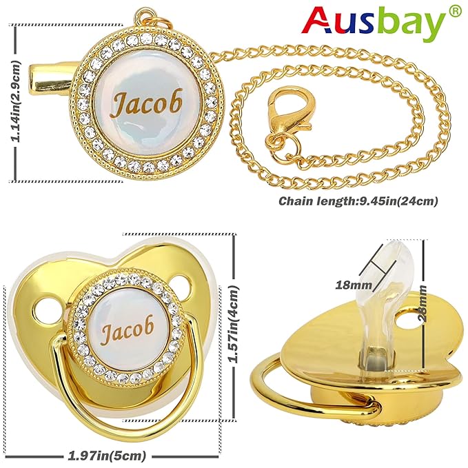 Personalized Pacifier Set with Name, BPA Free, Bling Gold Silver Pink Rose Gold Luxurious Ideal Gift for Newborns (Pink)
