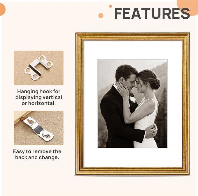 upsimples Vintage 11x14 Picture Frame, Antique Gold Frame Displays 8x10 - Image 5