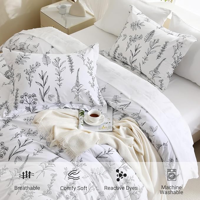 MUXHOMO Duvet Cover King Size, Reversible Floral White Duvet Cover Set - Image 5