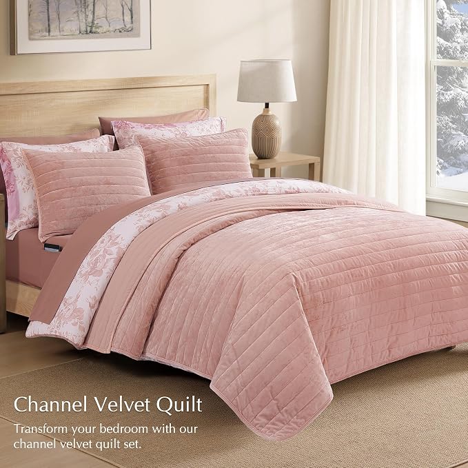 WRENSONGE Velvet Queen Quilt Set-3 Pieces Clay Pink Luxurious Velvet Striped - Image 2