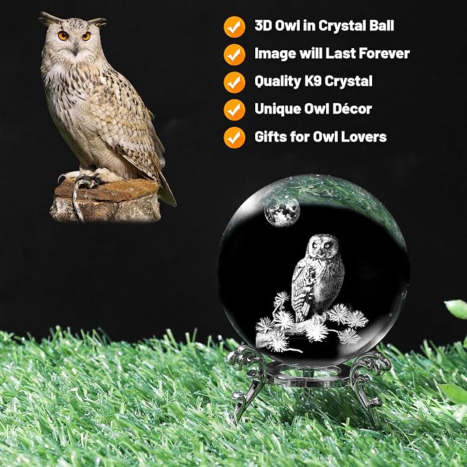 3D Owl Crystal Ball with Stand Lase Engraved Glass Sphere Paperweight Owl Decor - Image 3