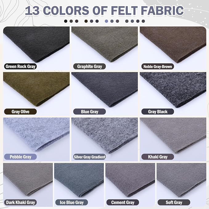 XSEINO 13 Rolls 8"x35" 1.4mm Thick Soft Felt Fabric Sheet 13 Assorted Gray - Image 2