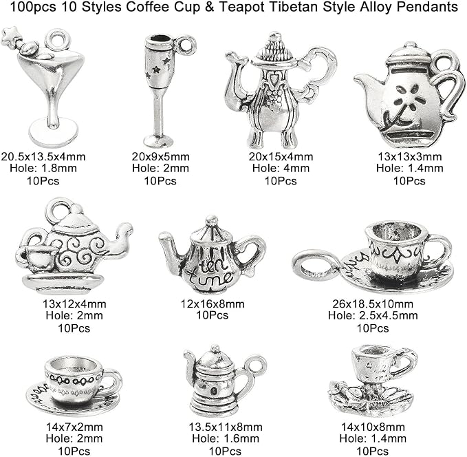 DanLingJewelry 100Pcs 10 Styles Antique Silver Afternoon Tea Theme Charms Tea - Image 2