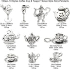 DanLingJewelry 100Pcs 10 Styles Antique Silver Afternoon Tea Theme Charms Tea - Image 2