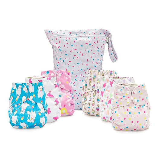 Simple Being Reusable Cloth Diapers, Double Gusset, One Size Adjustable, Washable Soft Absorbent, Waterproof Cover, Unisex Baby Girl Boy, Six Microfiber Inserts (Sweet)