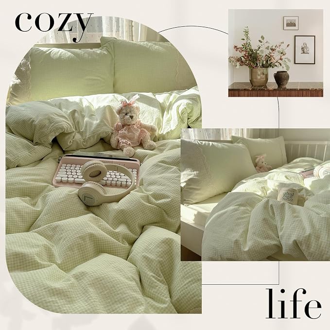 mixinni Green White Gingham Duvet Cover Twin XL Size - Image 6