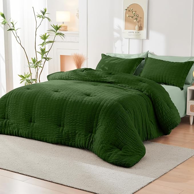 HYMOKEGE Dark Green/Sage Green California King Comforter Set Seersucker 7 Pieces - Image 8