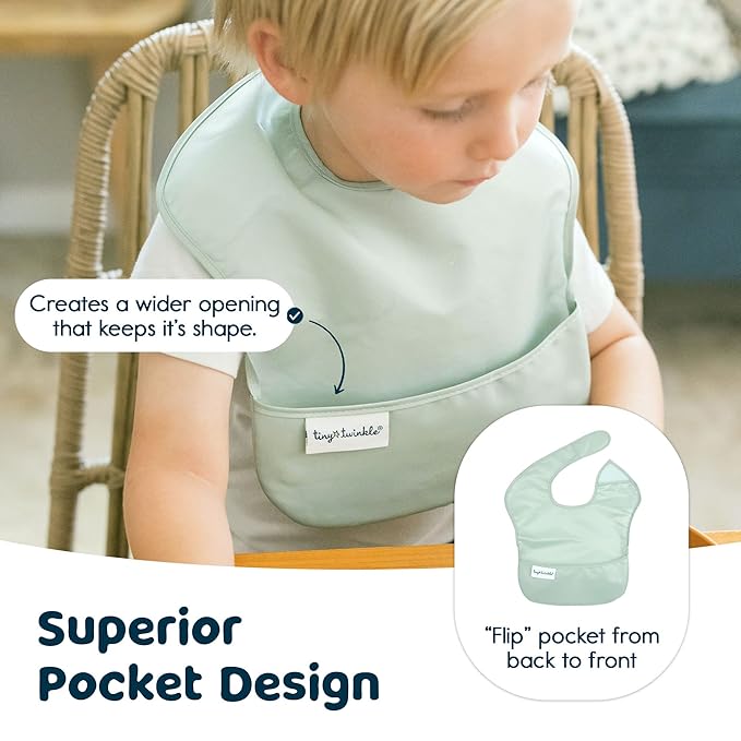 Tiny Twinkle Mess Proof Baby Bibs for Eating – Waterproof, Wipeable Toddler Bibs with Pocket – Baby Food Bibs for Girls & Boys(3 Pack,Sage, Charcoal)