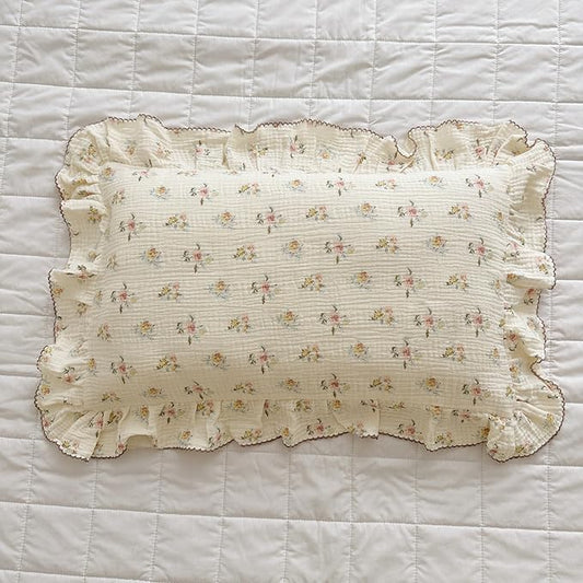 BuLuTu Double Layers Muslin Cotton Pillowcase King Size Vintage Floral Print Pillow Case Teens Girls Women Ruffled Pillow Cover, Envelope Closure, 20x36 inch, 1 Piece, Azalea