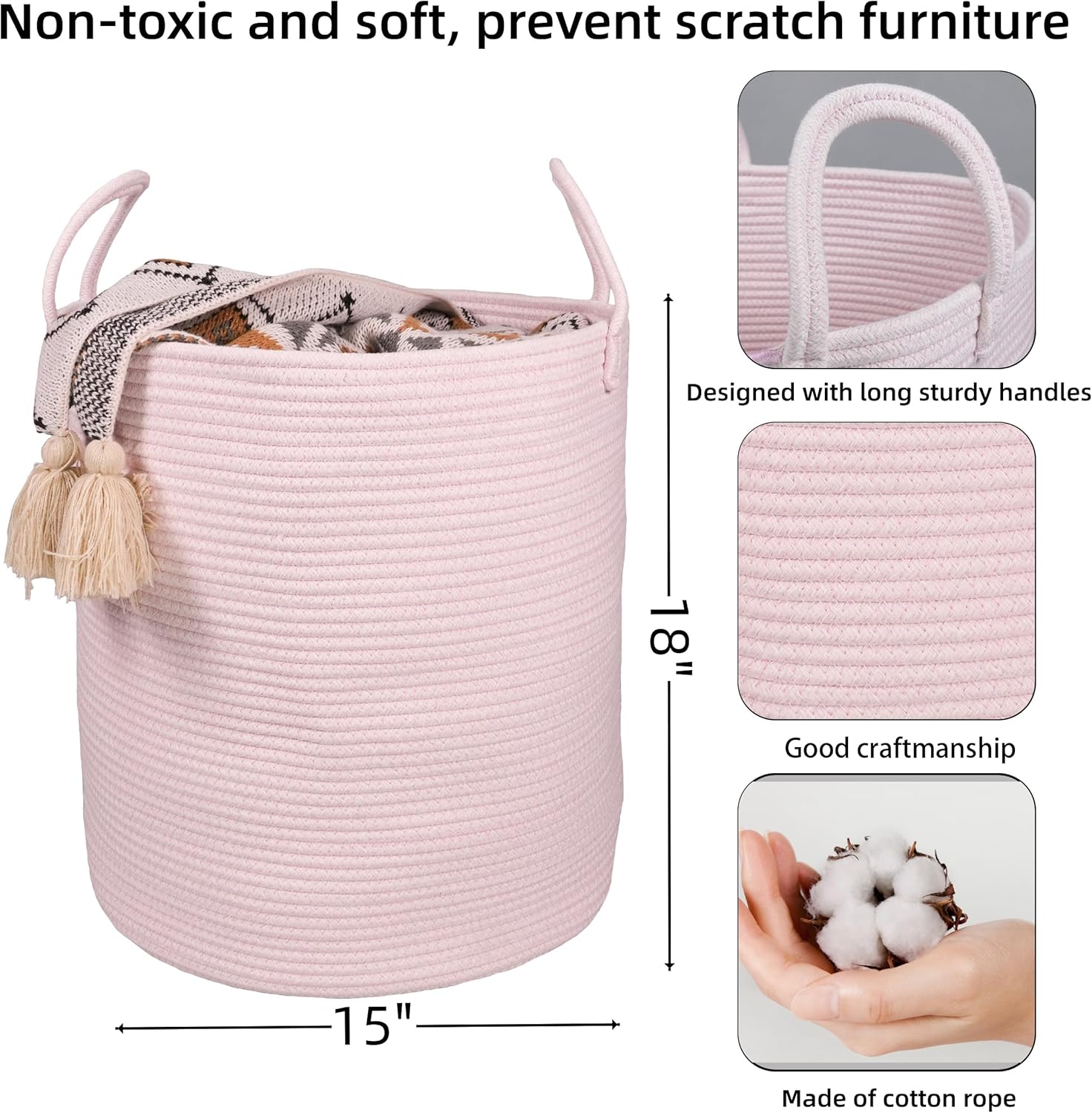 Cotton Rope Laundry Basket Hamper for Girls Kids Baby Nursery Hamper Bin Woven Storage Basket for Living Room Girls room Boho Tall Rope Baskets for Blanket Toys Large light pink