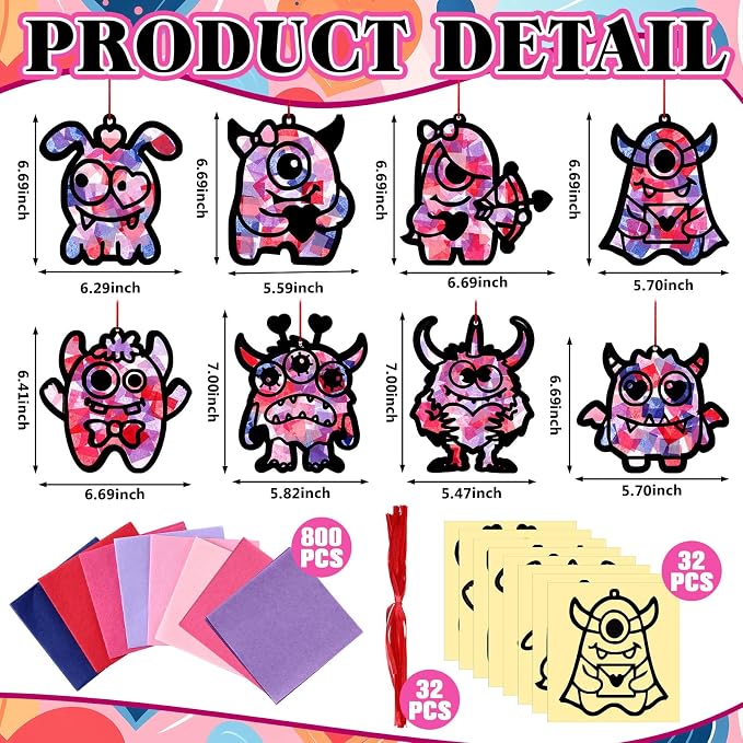 Eersida 32 Sets Valentine's Day Monster Suncatcher Craft Kit, DIY Stained Glass - Image 3