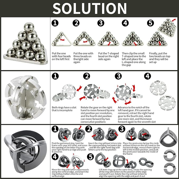 Brain Teaser Puzzles- 3 PCS Metal Puzzles Kit Metal Cast Puzzle Games Toys - Image 5
