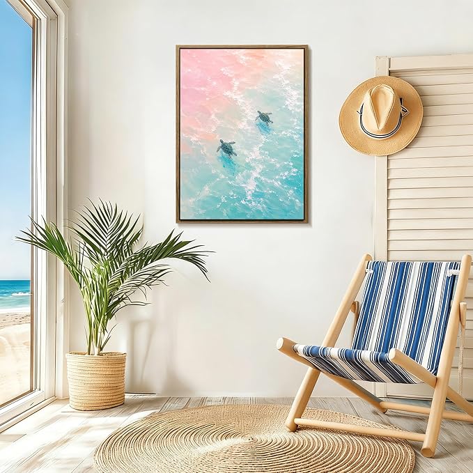 Framed Pastel Sea Turtle Canvas Wall Art Dreamy Pink Turquoise Ocean Turtle - Image 3