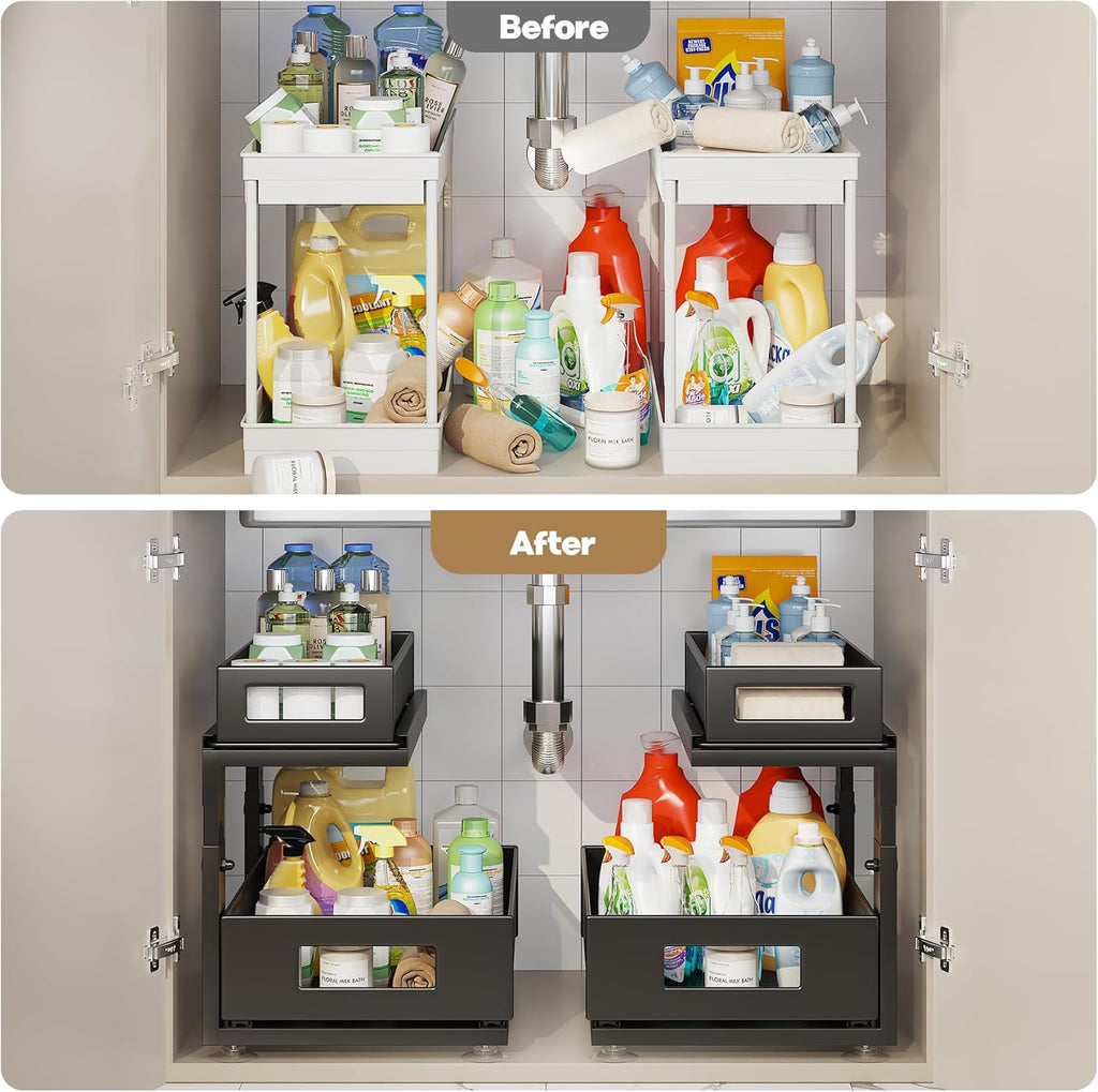 1 Pack 15.74IN-Depth Under Sink Organizer With Next-Gen Ball-Bearing Slides,2-Tier Pull Out Cabinet Storage,Height Adjustable Drawer Shelf for Bathroom,Kitchen,Laundry,Cabinet,Pantry-Black