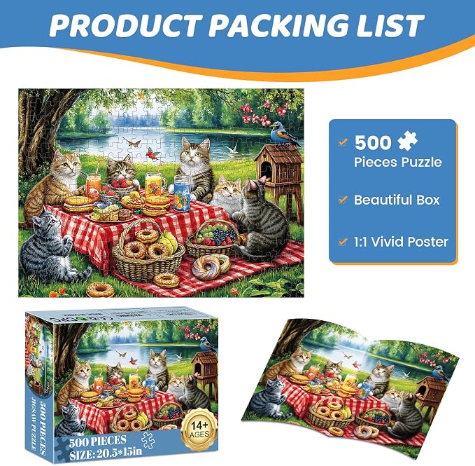 500 Piece Puzzles for Adults, Cat Family Dinner Large Piece Jigsaw Puzzle for - Image 6
