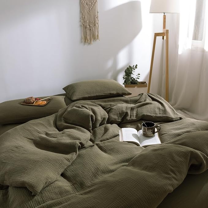 mixinni Olive Green Waffle Weave Duvet Cover Set Queen, 3-Piece 100% Natural - Image 8