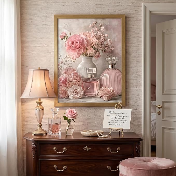 REWBKFIM Pink Floral Canvas Wall Art Vintage Perfume Bottle Rose Flower - Image 2