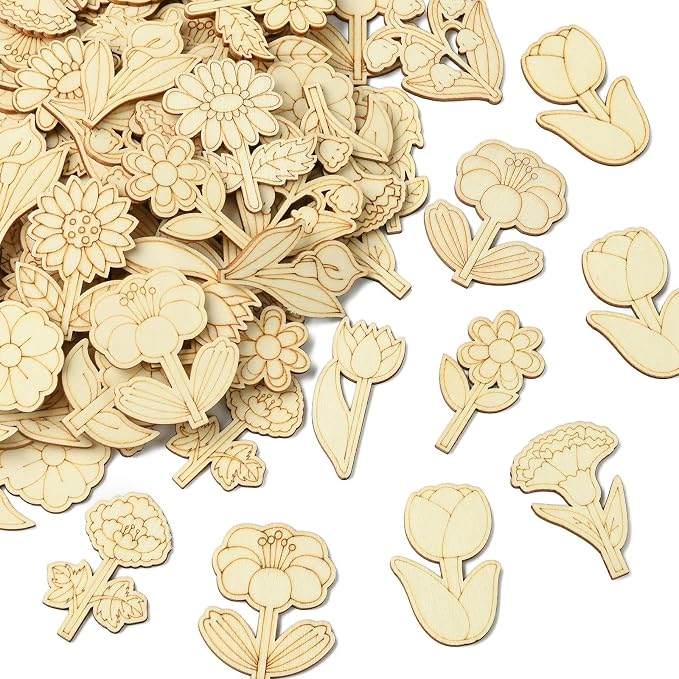 100 pcs Mixed Styles Cute Flower Theme Unfinished Wooden Cutout Charms by Gythara