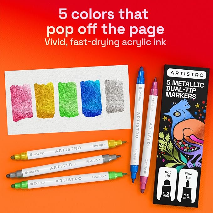 ARTISTRO 5 Metallic Dual-Tip Acrylic Paint Markers – Paint Pens Set - Image 2