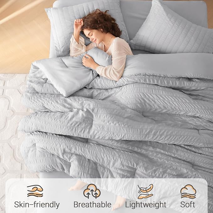 MUXHOMO 5 Pieces Twin Comforter Set, Seersucker Bed in a Bag Twin Size - Image 2