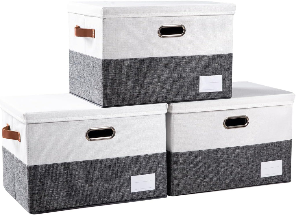 PRANDOM Foldable Storage Bins with Lids [3-Pack] Fabric Collapsible Storage Boxes Baskets Cubes Containers with Handles for Closet Living Room Bedroom (Grey & White 17.7x11.8x11.8'')