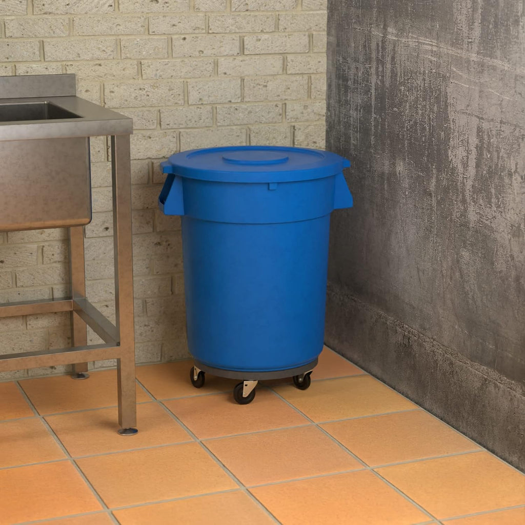 32 Gallon Blue Round Commercial Trash Can with Lid and Dolly