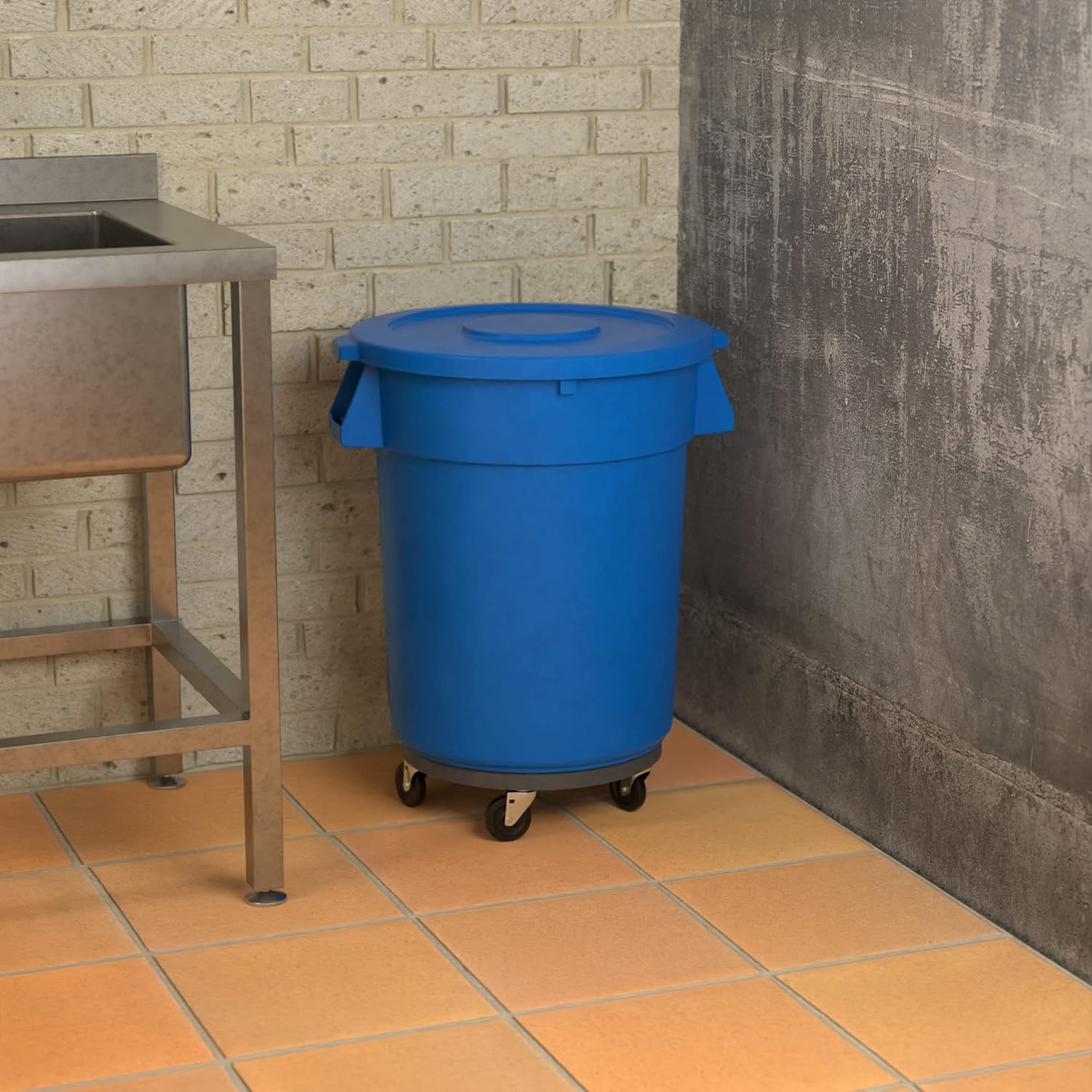32 Gallon Blue Round Commercial Trash Can with Lid and Dolly
