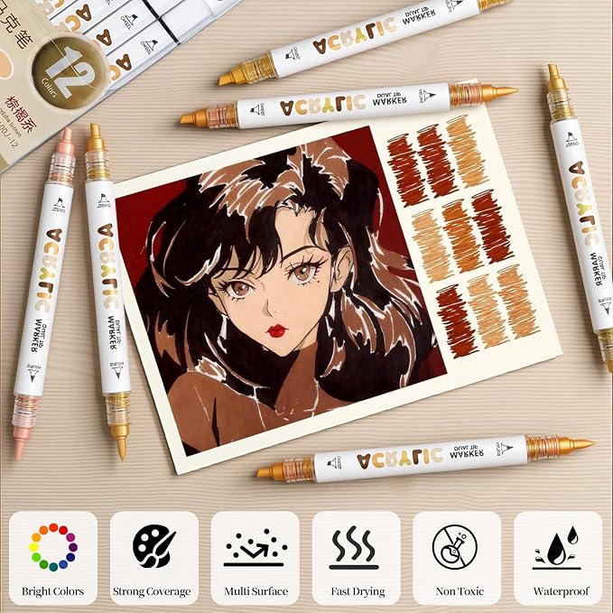 Brown Acrylic Paint Pens, Water Based 12 Colors Dual Tip Acrylic Paint Markers - Image 4