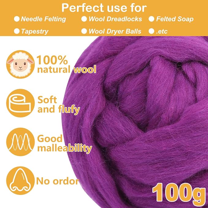 Purple Wool for Needle Felting, 3.5oz Felting Wool, Soft Wool Batting for DIY - Image 2