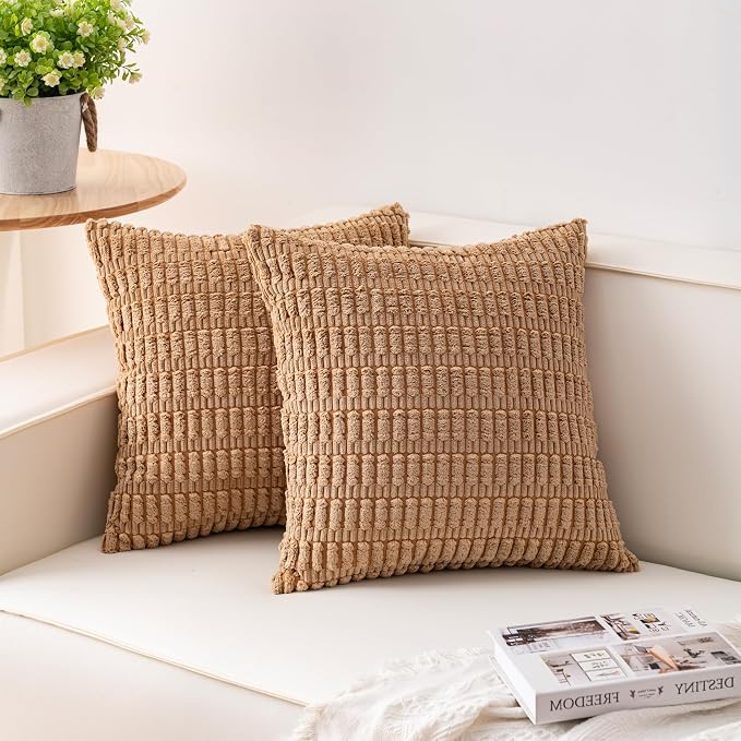 Aegero Pack of 2 Corduroy Decorative Throw Pillow Covers 24x24 InchSoft Striped by Unknown