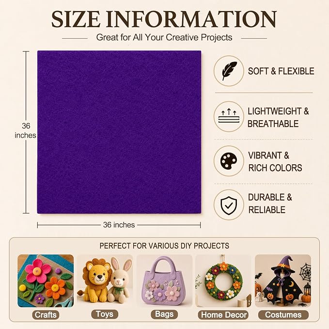 Purple Large Felt Fabric 36" x 36", 1.4 mm Soft Felt Sheet, Nonwoven Fabric - Image 3
