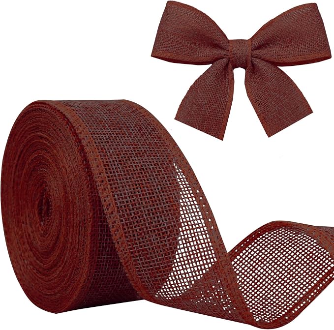 Burgundy Burlap Ribbon 1-1/2 inch X 10 Yard Dark Red Wired Ribbon | Natural by JaoZuyard